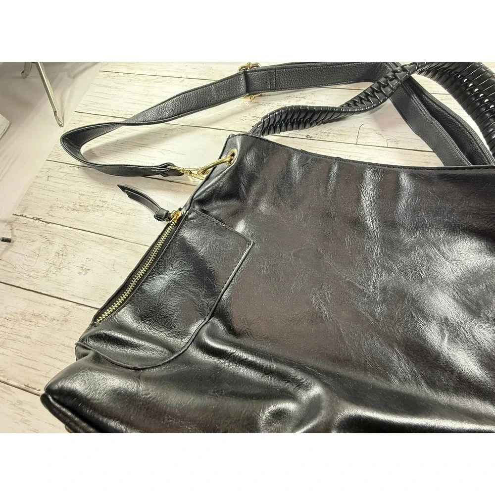 Black Faux Leather Hobo Bag Braided Handle Gold Hardware Crossbody‎ Shoulder Bag